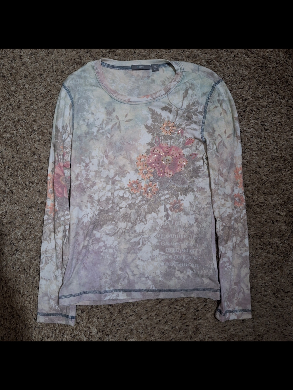 Vintage Apt. 9 Y2K Faded Floral Rhinestone Graphic Long Sleeve Top Size M
